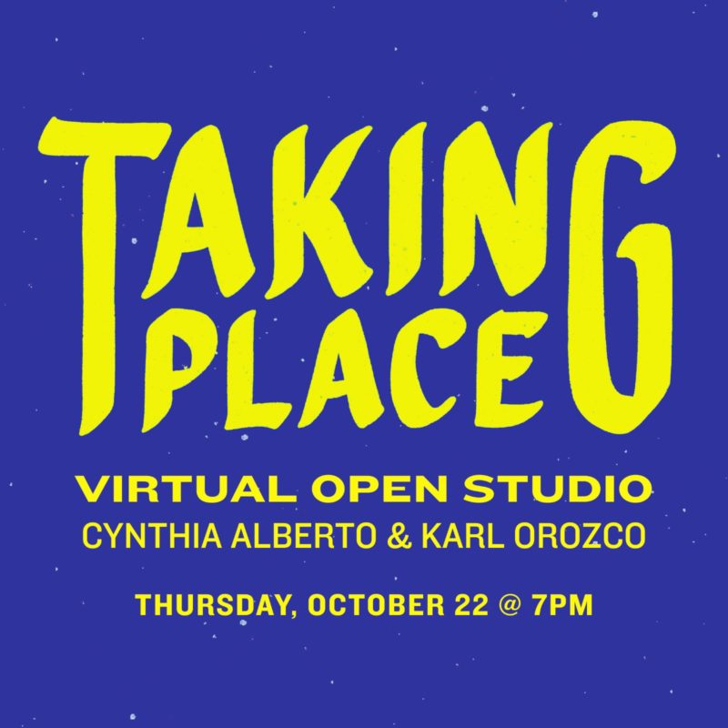 A dark blue flier with yellow text that reads Taking Place, Virtual Open Studio