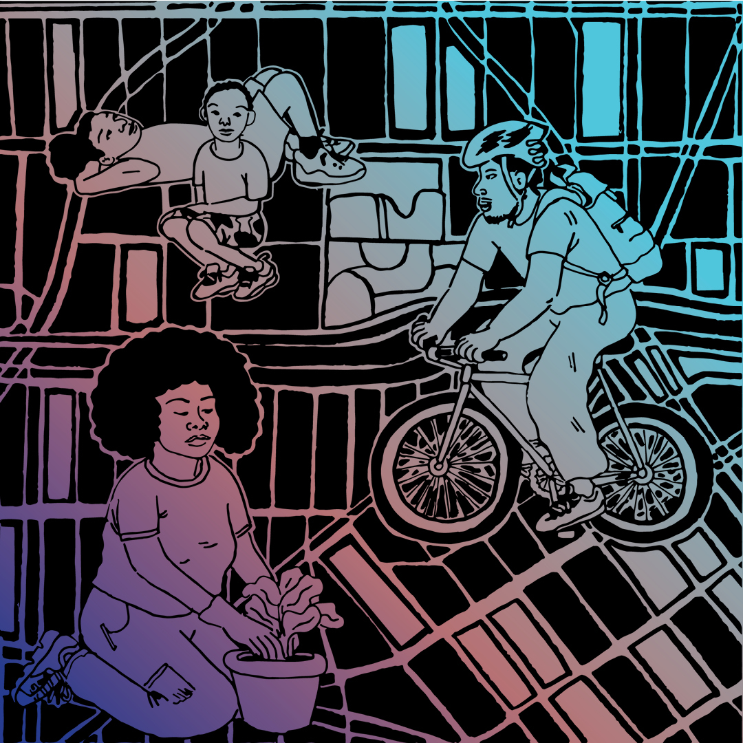 Illustration of biking, gardening, and relaxing on top of a grid of city streets.
