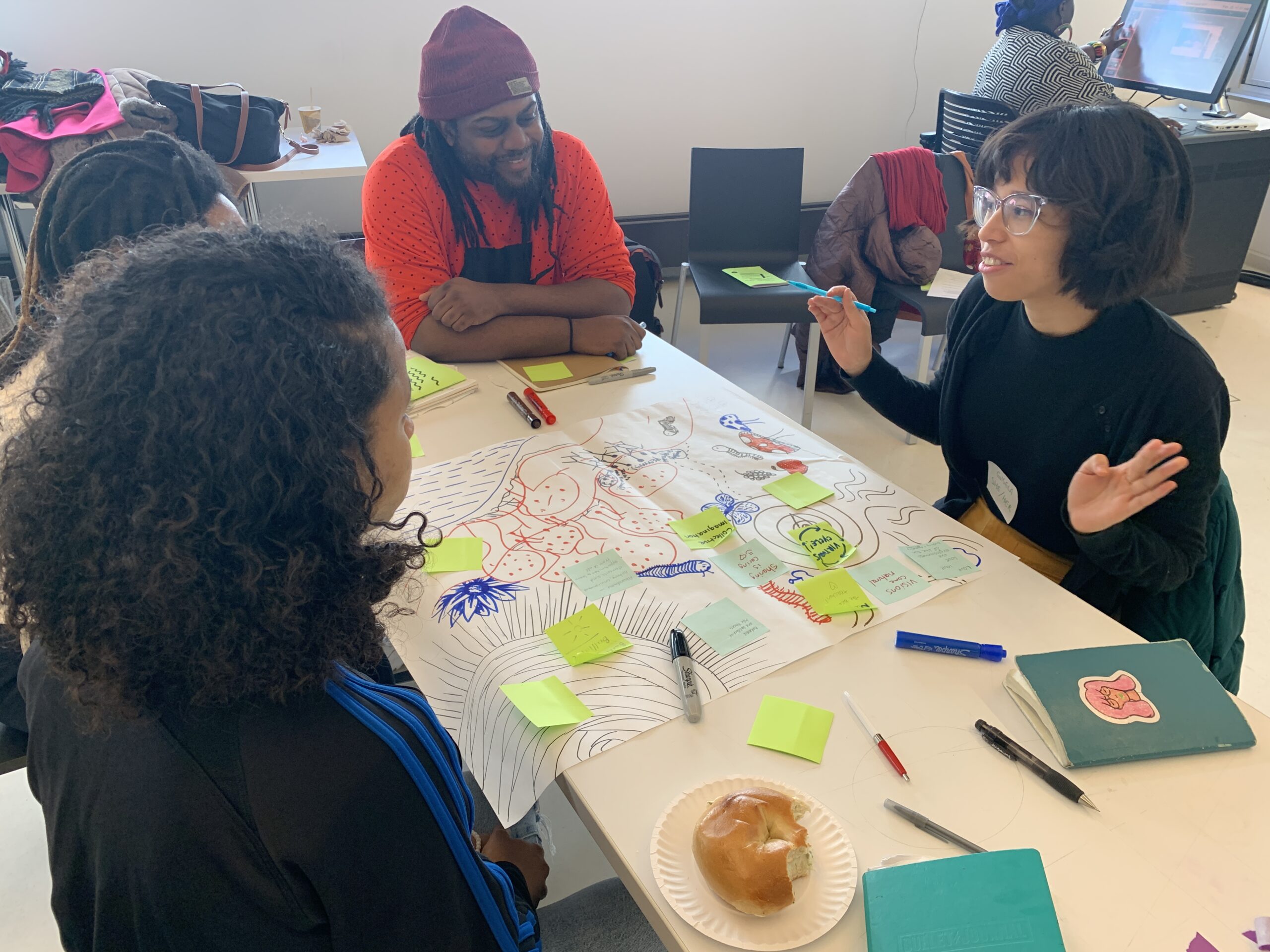 People gathered around the table, working together at our 2020 Cultural Organizing/mapping workshop.