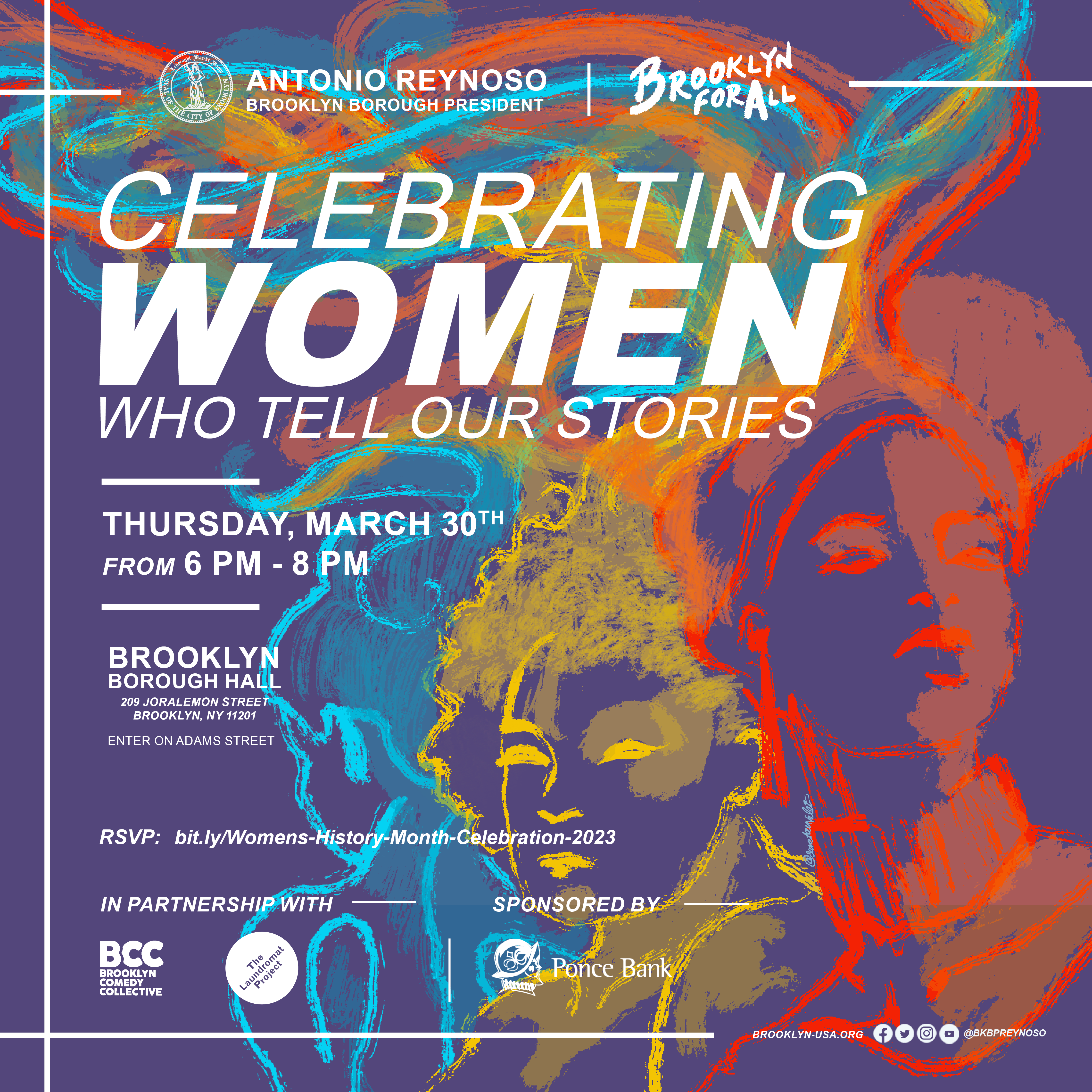 Multicolor graphic for the Celebrating Women who tell our stories event.